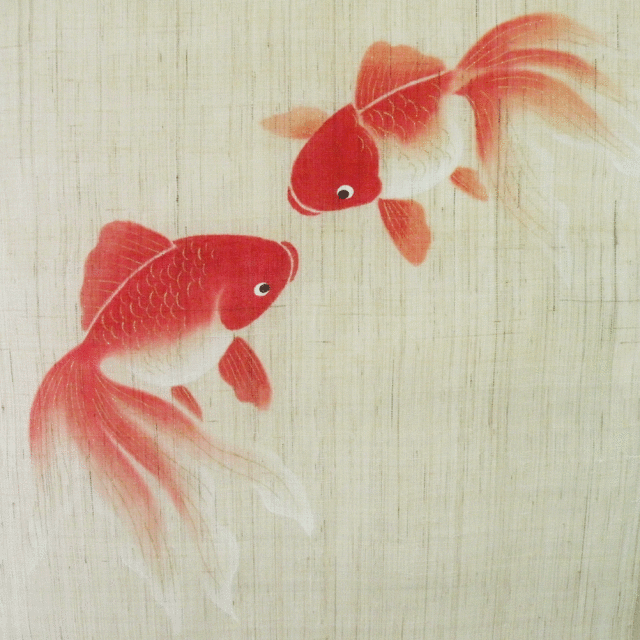 洛柿庵　本格のれん　水玉金魚　本麻　手描き　ぼかし染　夏