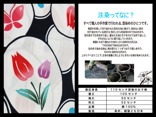 本染注染】こども浴衣 「チューリップ 」 紺地 日本製 女児