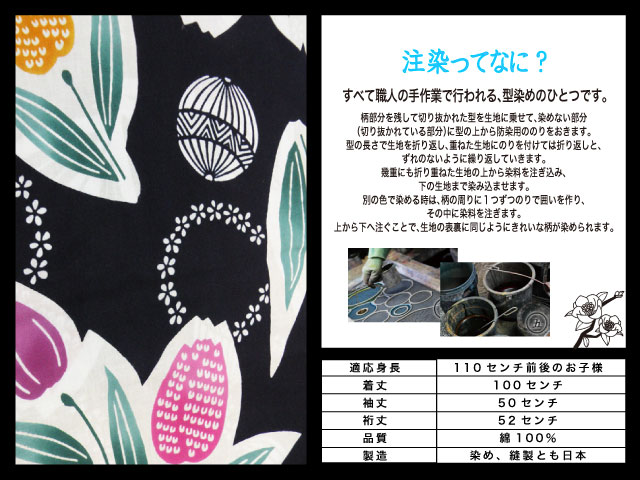 本染注染】こども浴衣 「手鞠とチューリップ 」 鉄紺地 日本製 女児