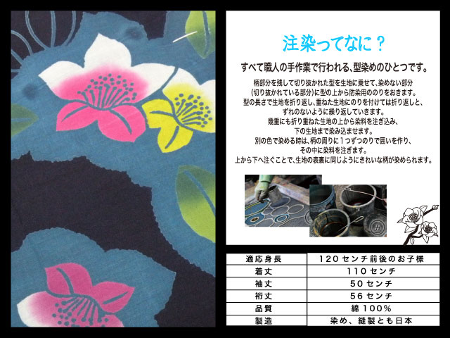 【本染注染】こども浴衣　「あやめと花傘」 紺地　日本製　女児１２０センチ　７・８歳用